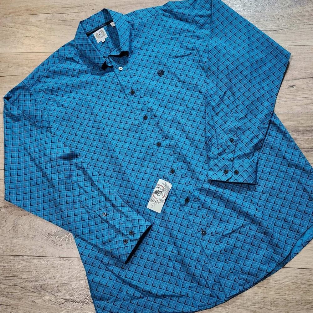 New Cinch Mens Teal Blue Geometric Diamond Long Sleeve Western Button Down L NWT